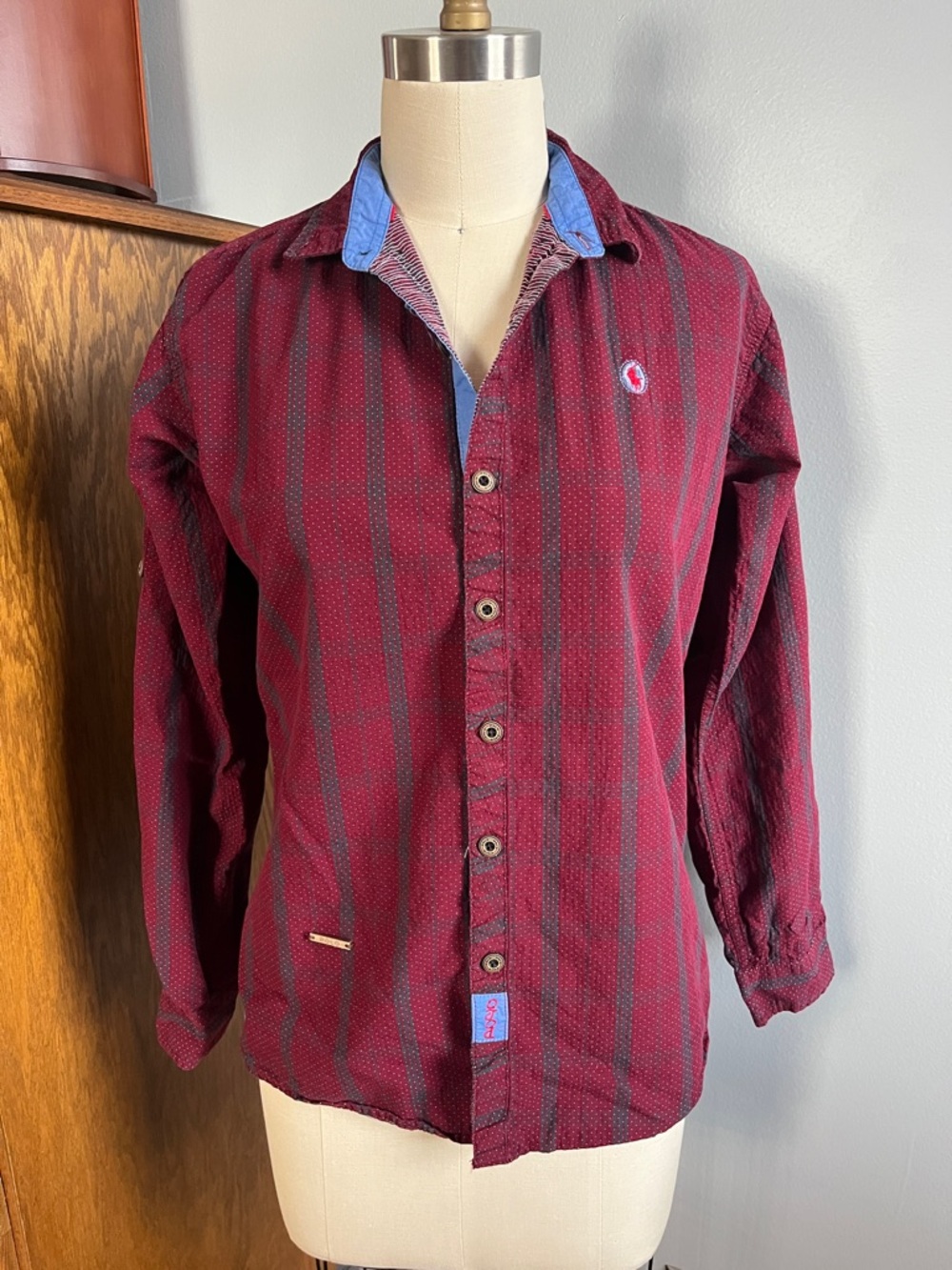 Polo by Ralph Lauren Burgundy and Blue Striped Casual Button-Down Shirt